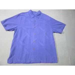 Tommy Bahama Shirt Mens Large Blue Silk Floral Hawaiian Palms Short Sleeve
